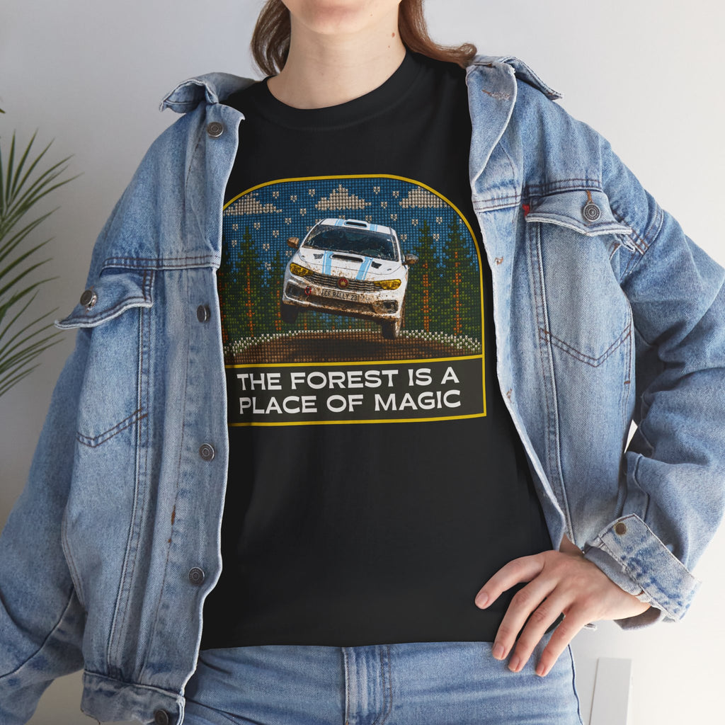 Forest Rally T‑Shirt – 'The Forest Is a Place of Magic' Cross-stitched Style Graphic