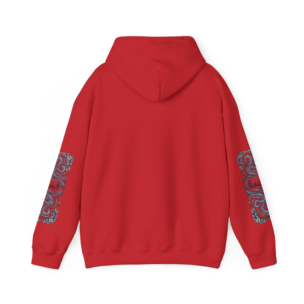 Nature Is Calling Hoodie — Scenic Mountain Graphic Hooded Sweatshirt with Sleeve Paisley Art