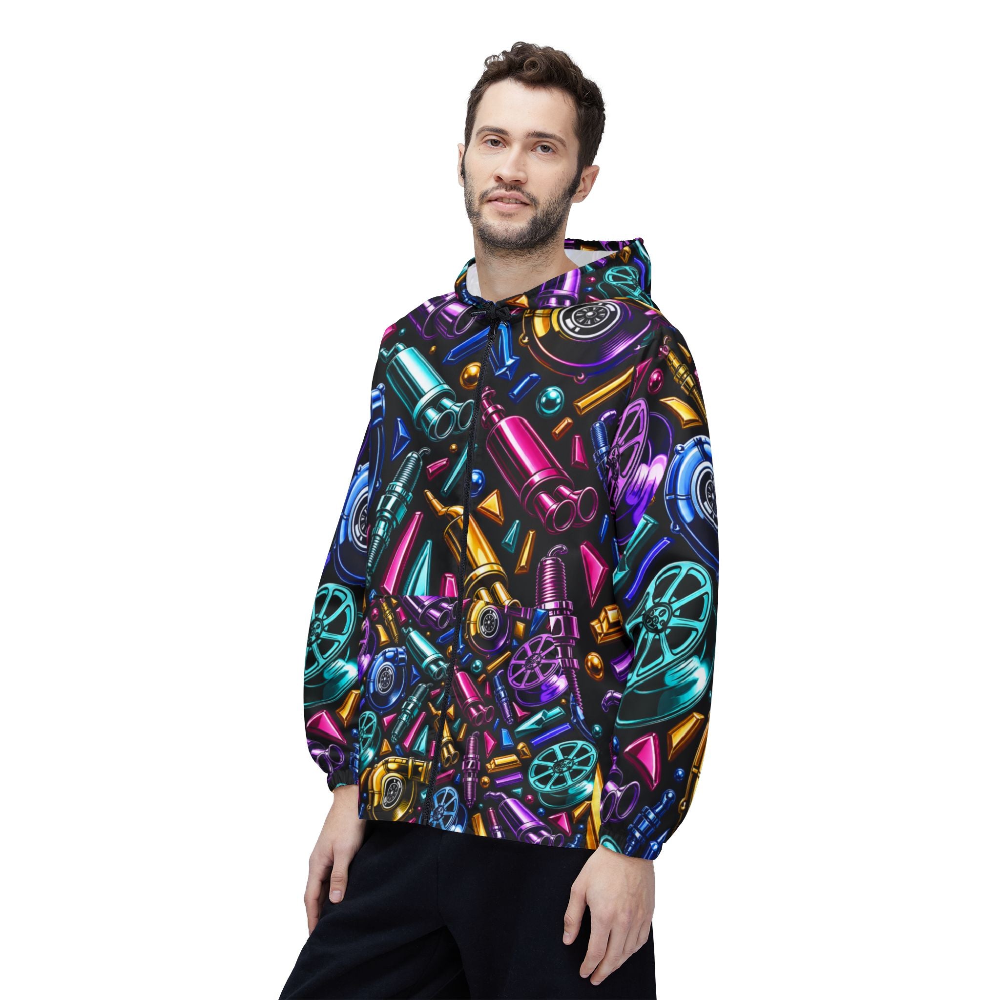Windbreaker Jacket — Neon Gear All-Over Print