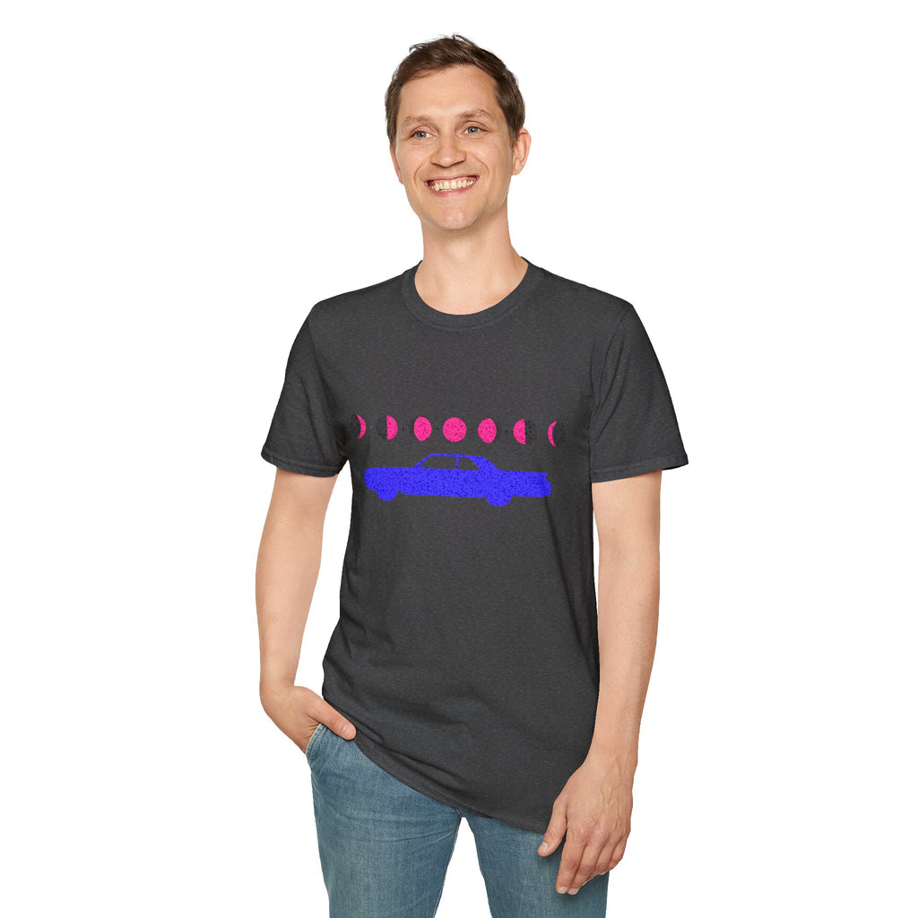 Retro Moon Phase Car T‑Shirt — Blue Classic Car with Pink Moon Phases