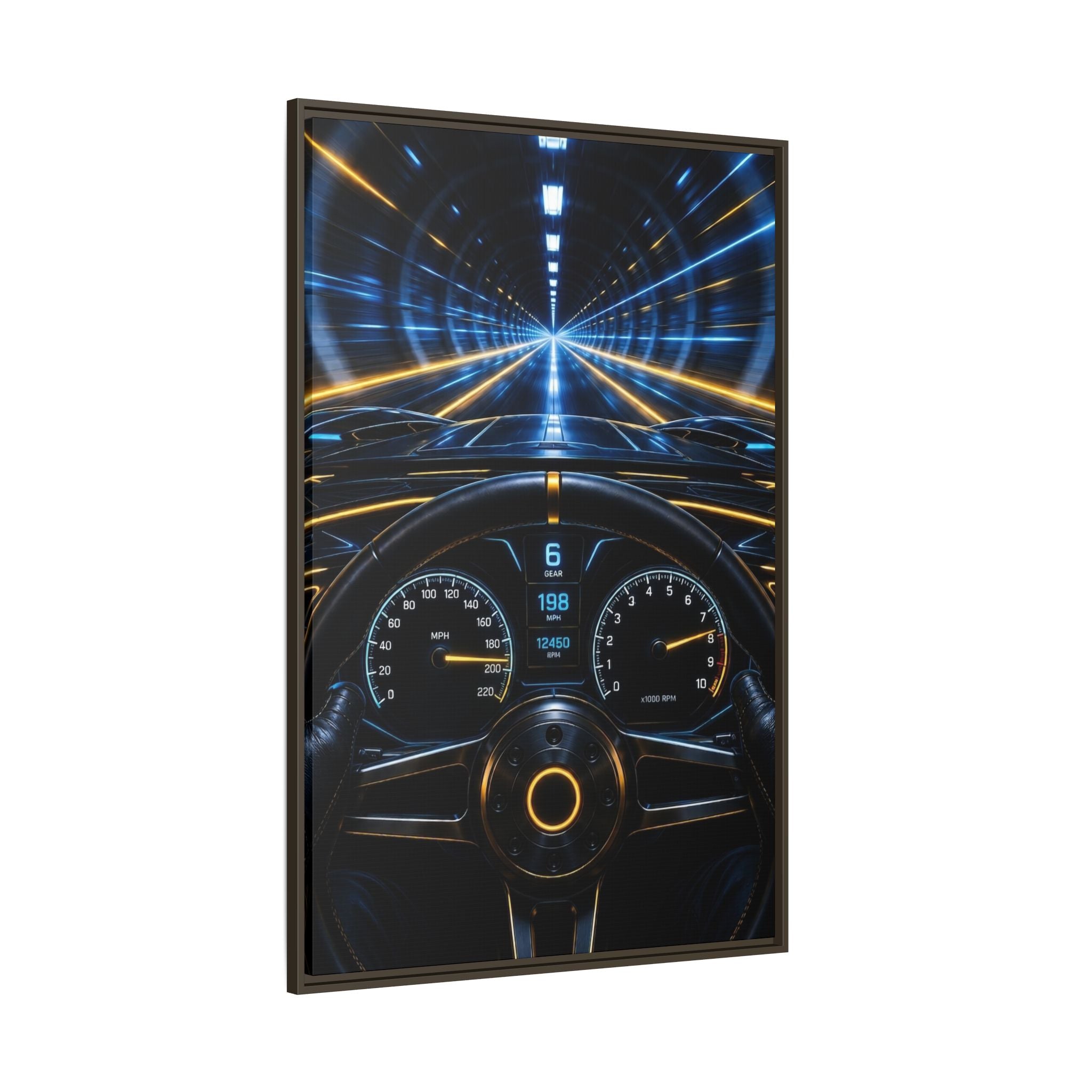 Tunnel Drive Framed Canvas Print — Retro Futuristic Car Dashboard Wall Art