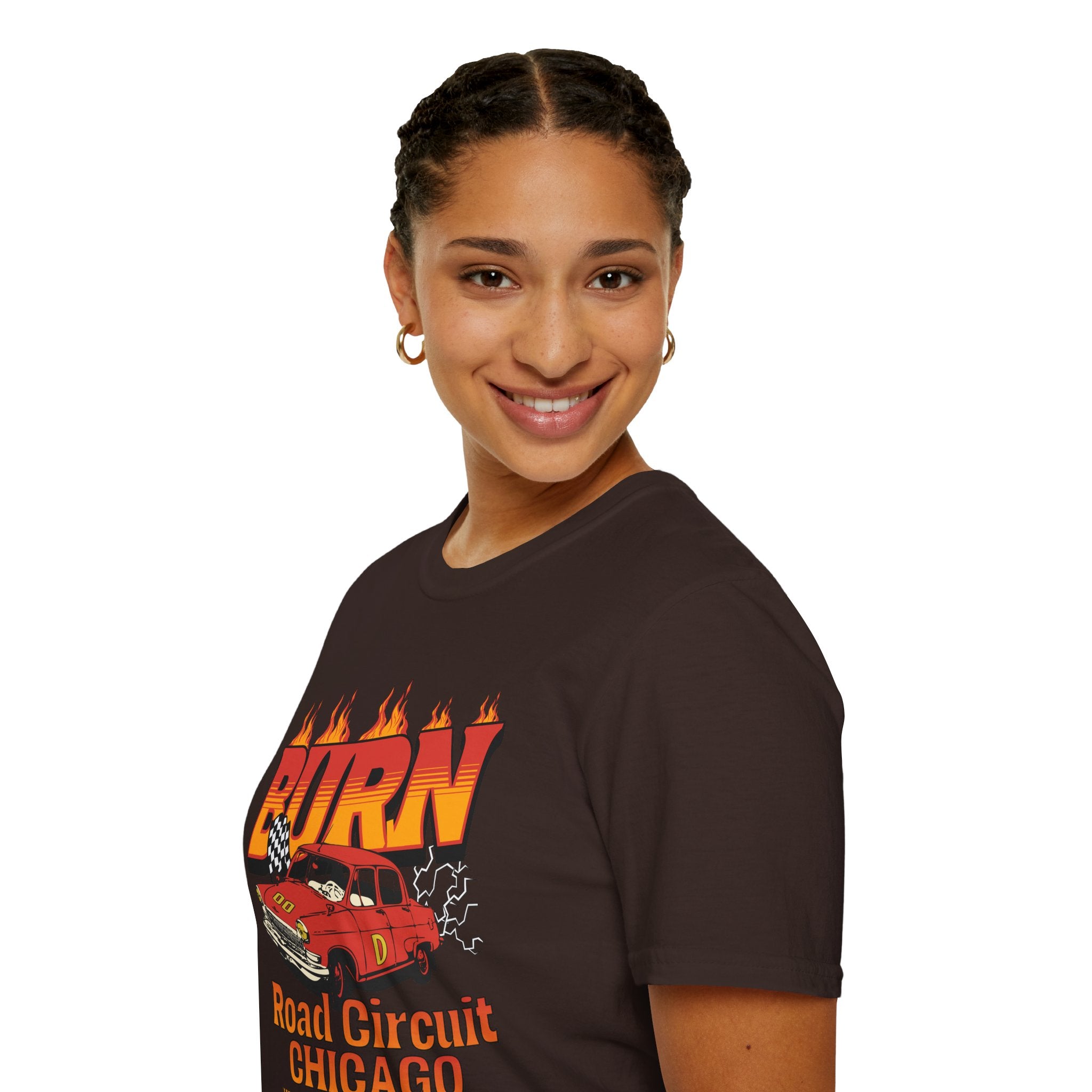 Racing 'BURN' Graphic Tee — Retro Flaming Racecar Chicago Track Shirt