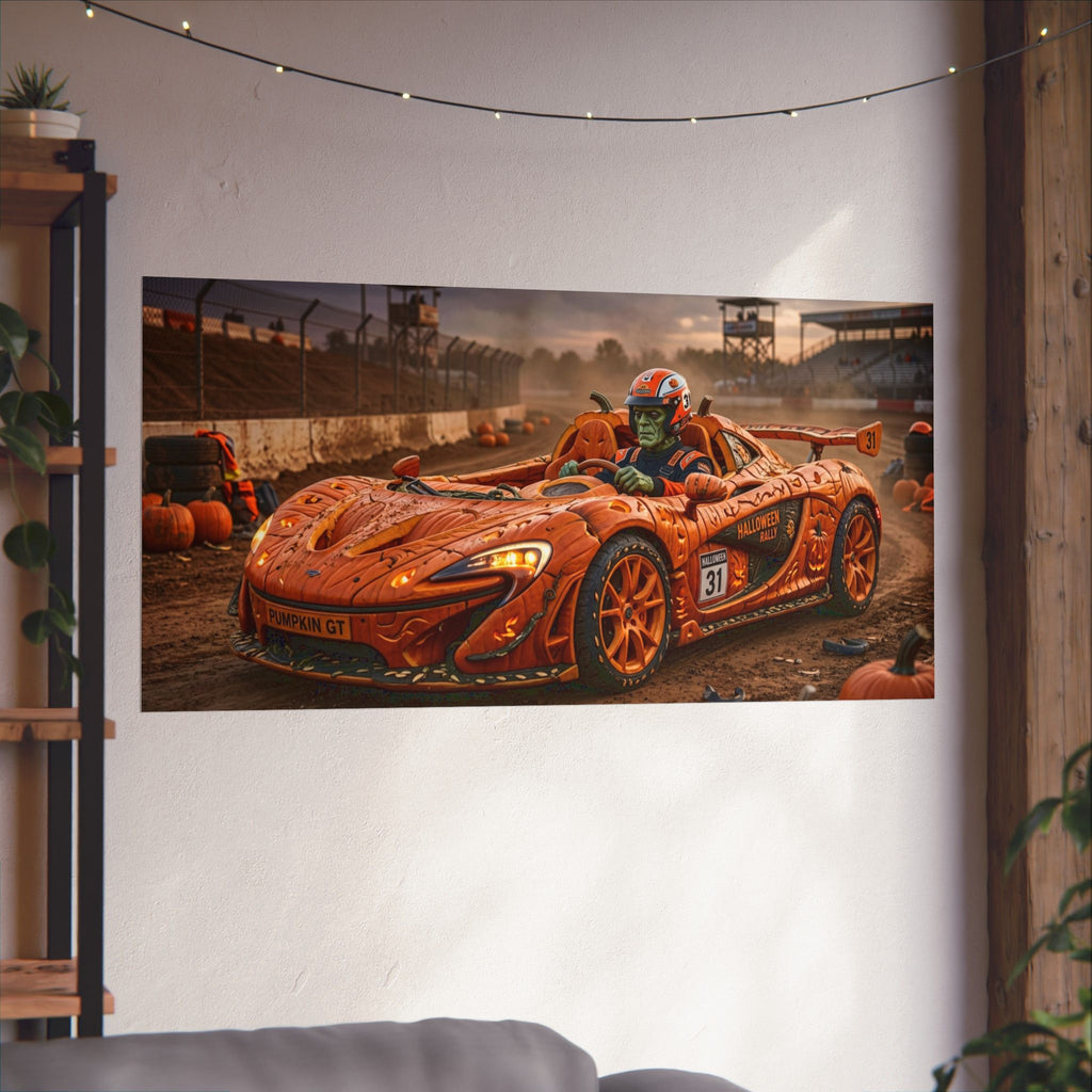 Halloween Race Car Poster — Orange Pumpkin Sports Car Matte Horizontal Print