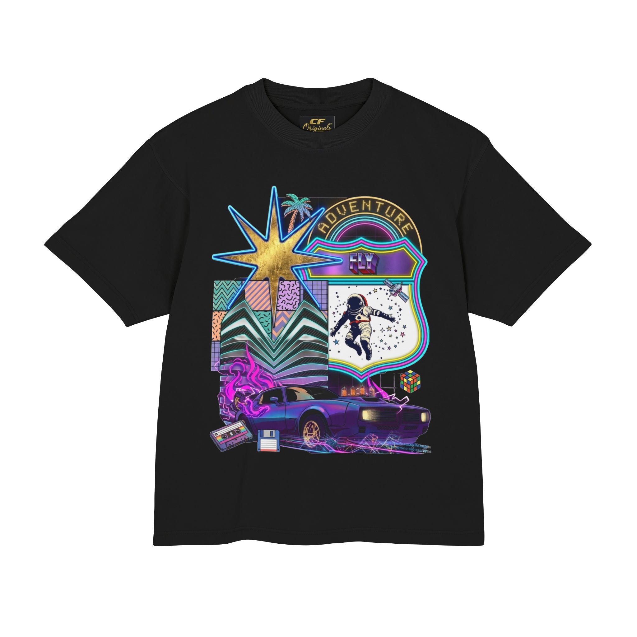 Retro Neon Adventure T-Shirt — 80s Vaporwave Car & Skate Graphic