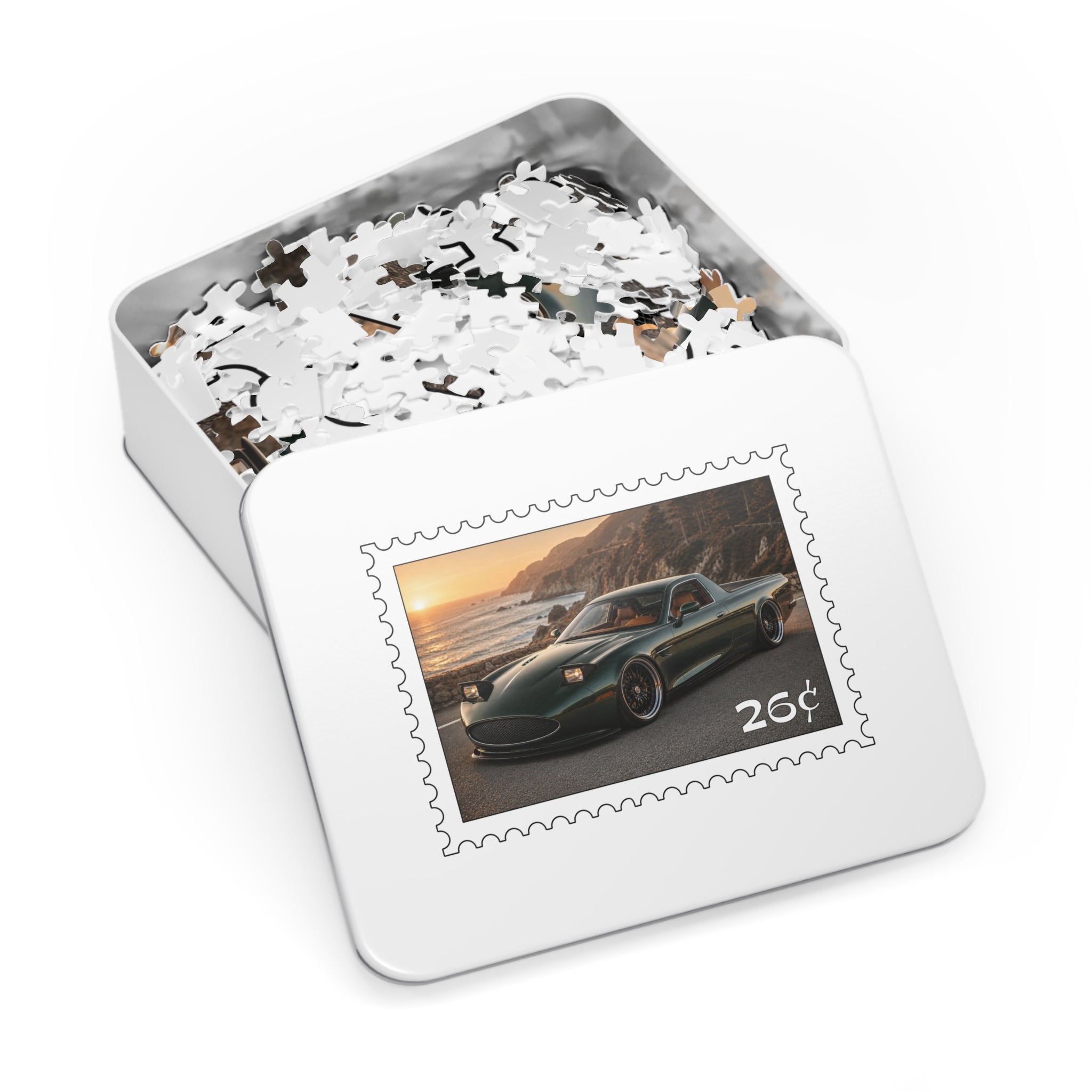 Sports Car Puzzle — Coastal Sunset 26 Stamp Design (Jigsaw with Tin)