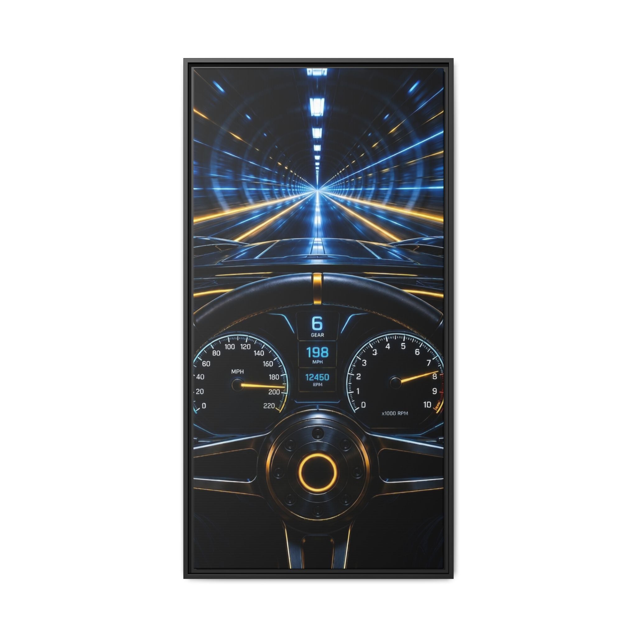 Tunnel Drive Framed Canvas Print — Retro Futuristic Car Dashboard Wall Art
