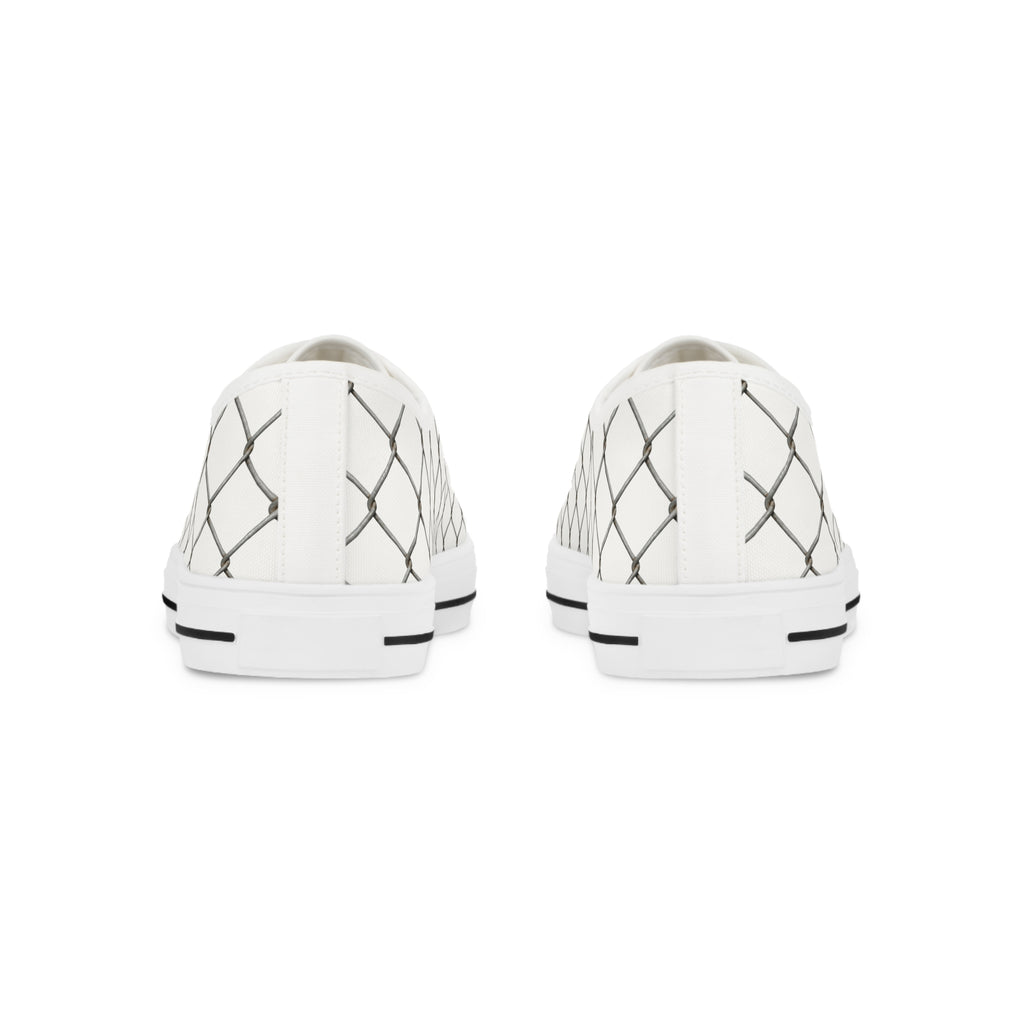 Men's Low Top Sneakers — White Canvas Chain-Link Pattern with 'Surveillance' Tongue