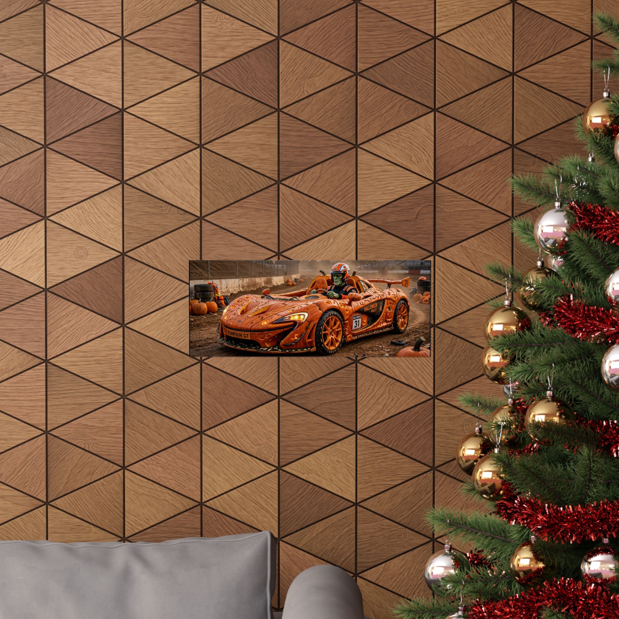 Halloween Race Car Poster — Orange Pumpkin Sports Car Matte Horizontal Print