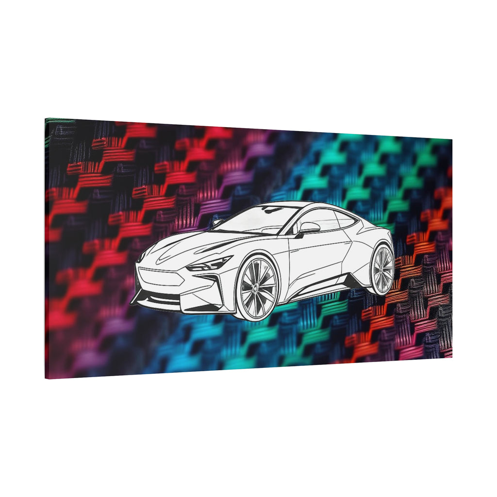Modern Sports Car Canvas Wall Art – White Line Drawing on Rainbow Carbon Fiber Background