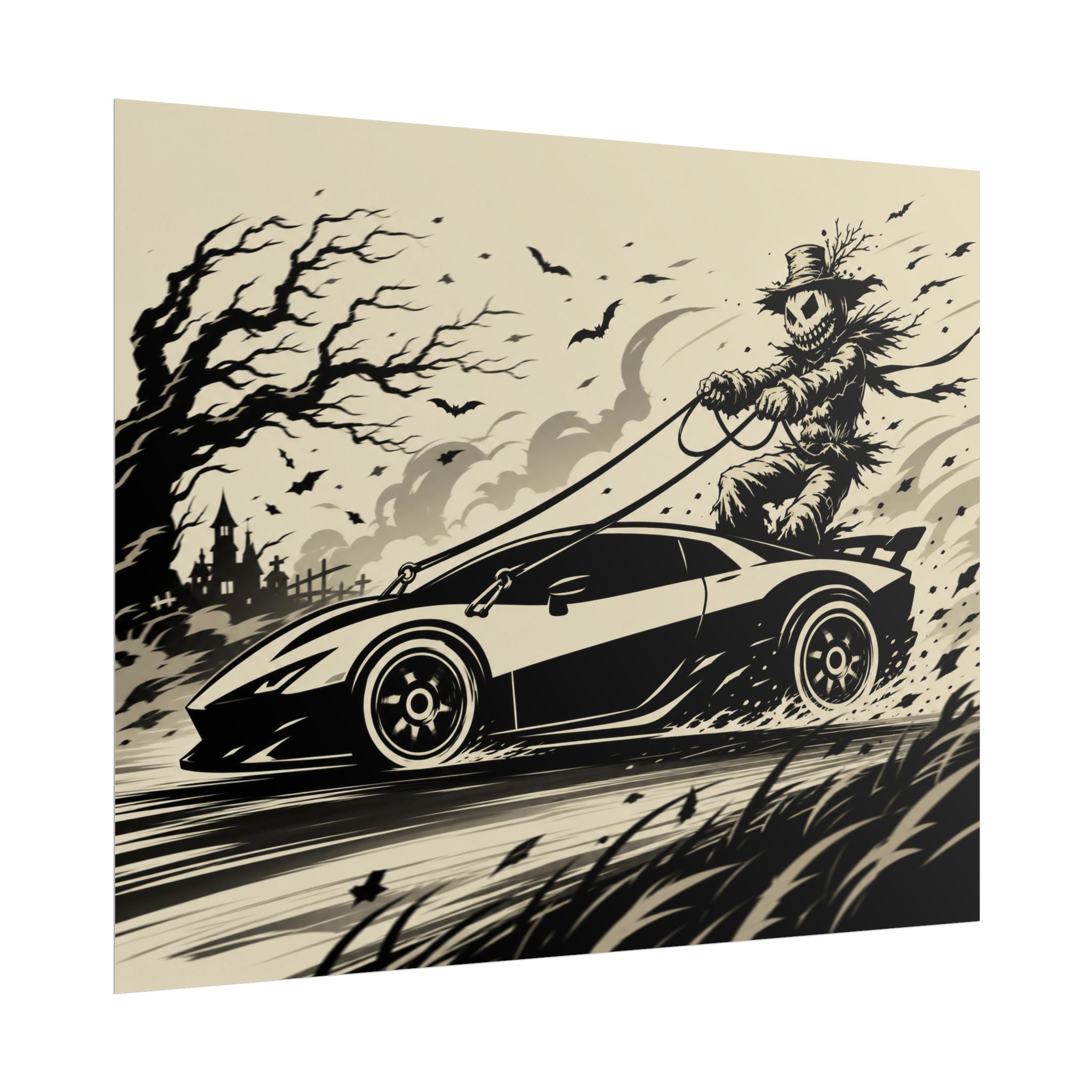 Poster - Scarecrow Driving Sports Car Vintage Halloween Art Print