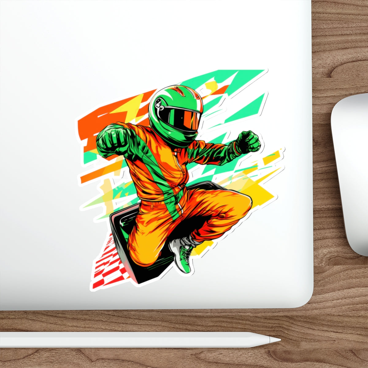 Racing Driver Die-Cut Sticker — Neon Moto Helmet Sticker for Laptops & Gear