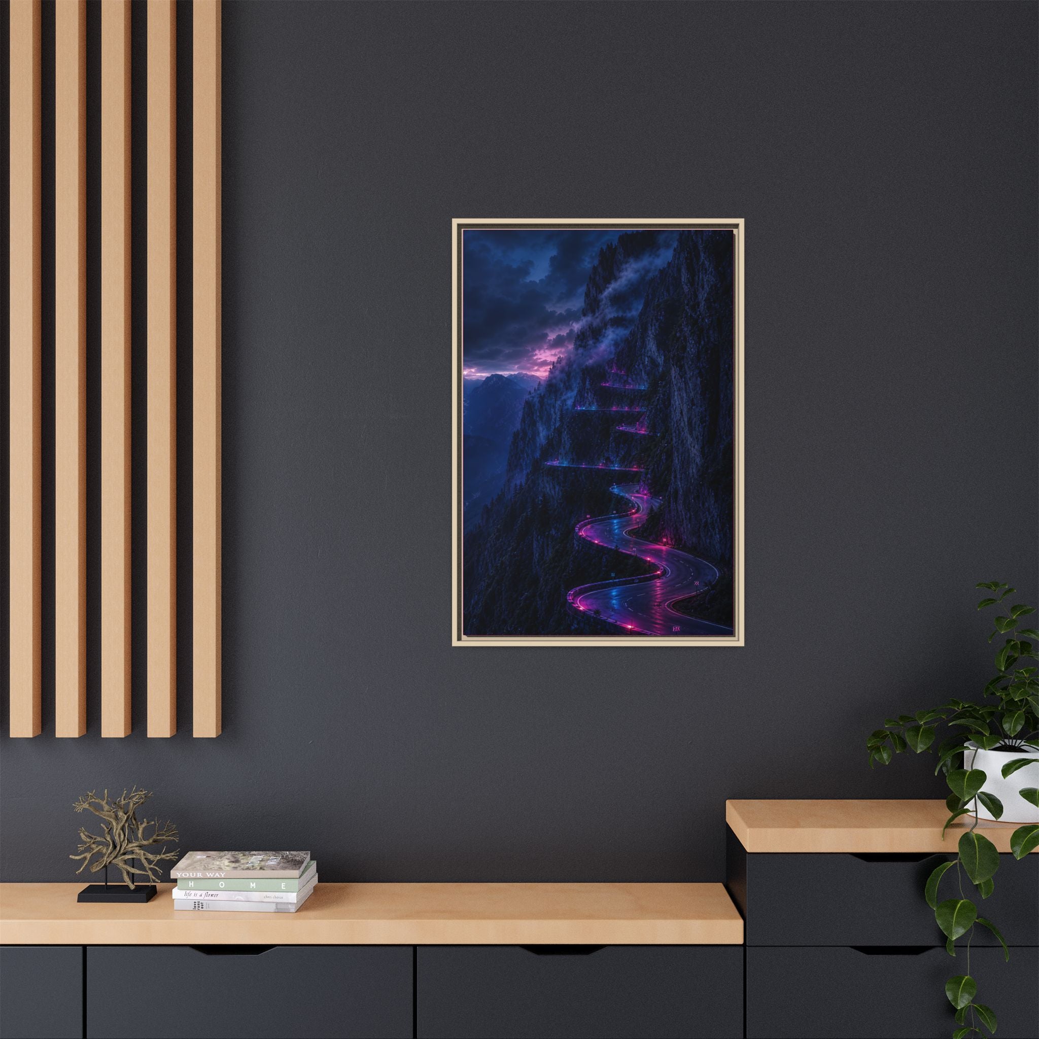 Neon Mountain Road Matte Canvas Print — Framed Nightscape Wall Art