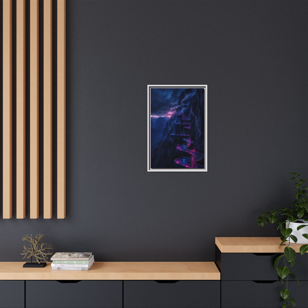 Neon Mountain Road Matte Canvas Print — Framed Nightscape Wall Art