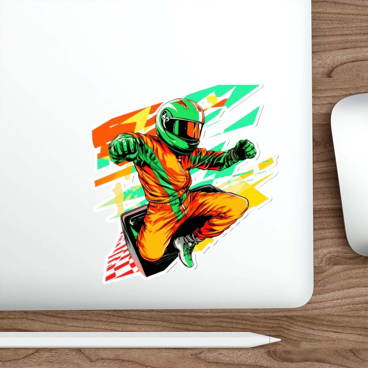 Racing Driver Die-Cut Sticker — Neon Moto Helmet Sticker for Laptops & Gear