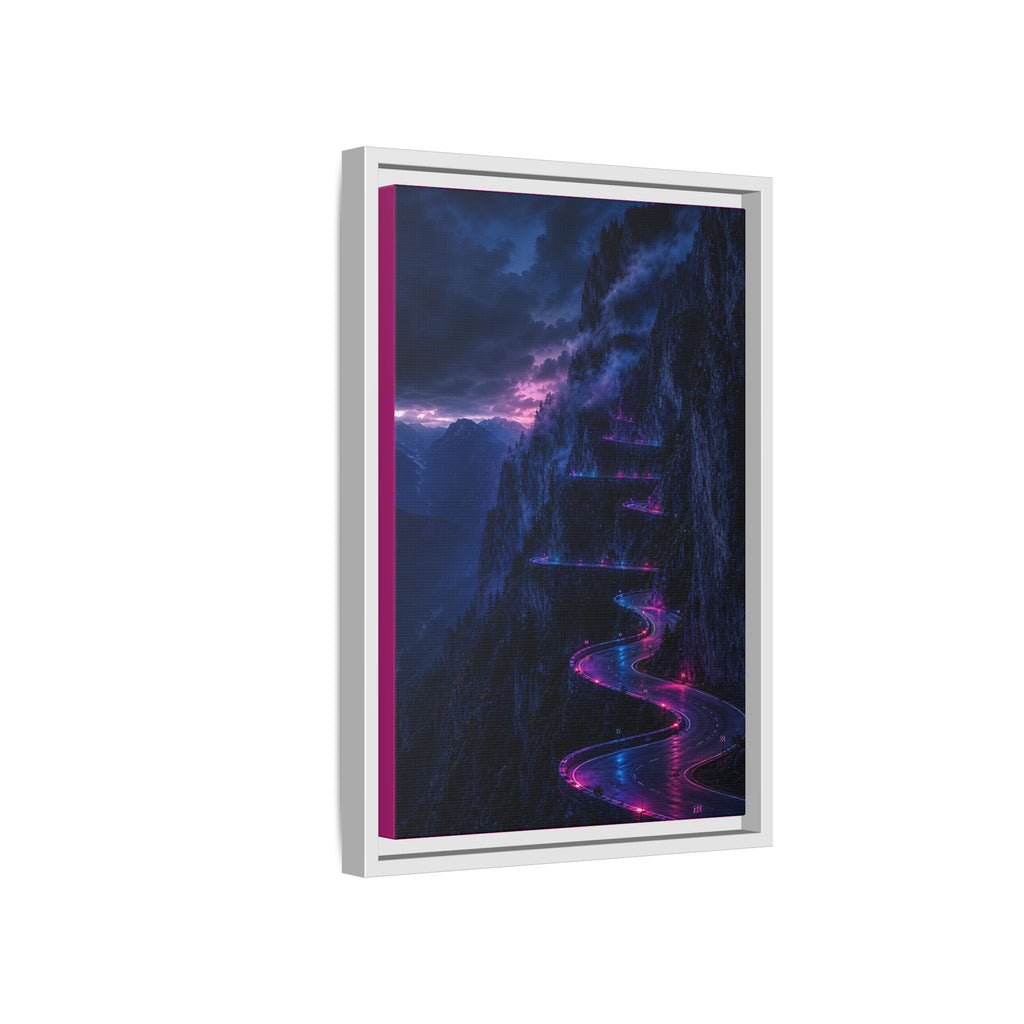 Neon Mountain Road Matte Canvas Print — Framed Nightscape Wall Art