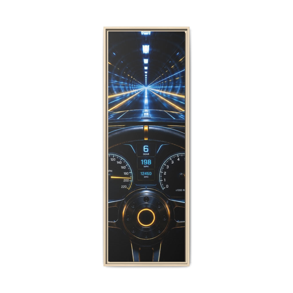 Tunnel Drive Framed Canvas Print — Retro Futuristic Car Dashboard Wall Art