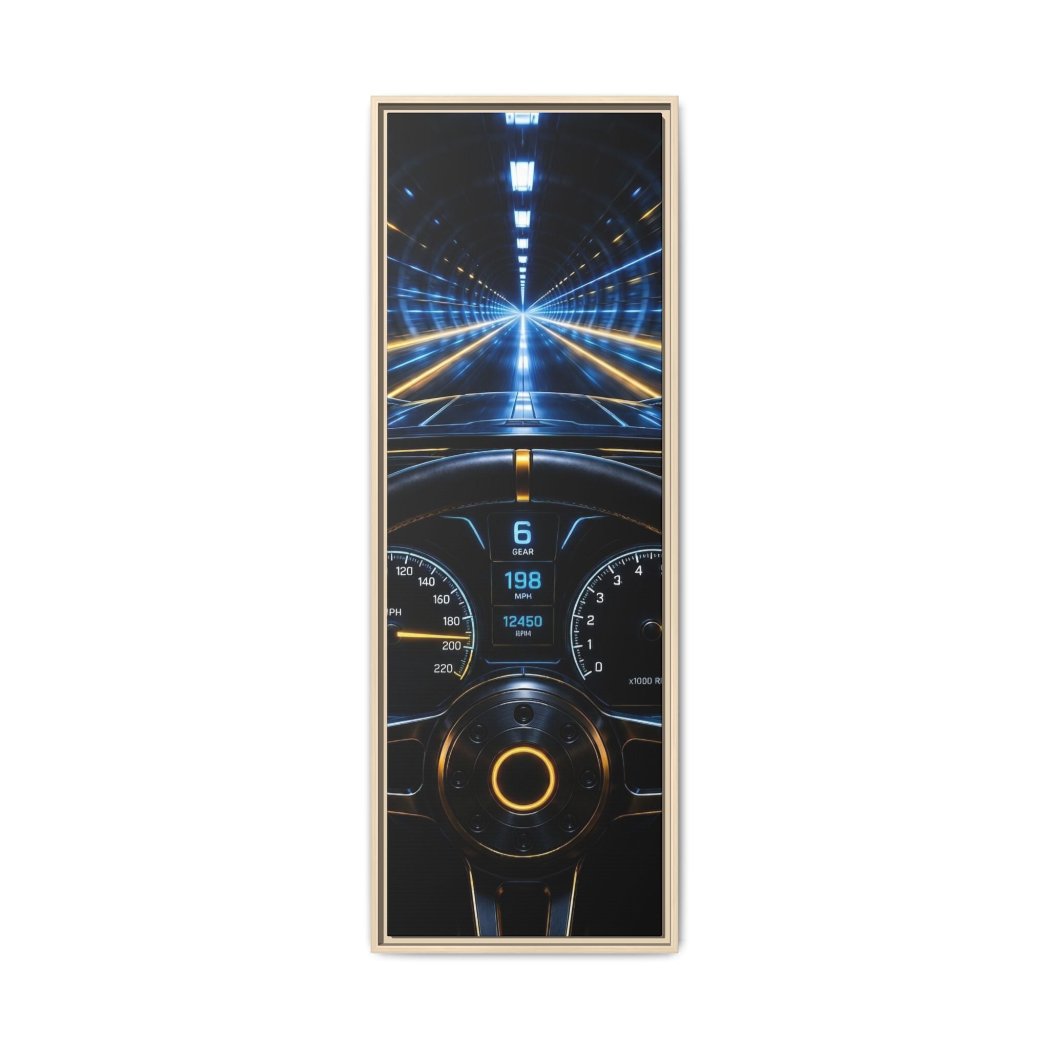 Tunnel Drive Framed Canvas Print — Retro Futuristic Car Dashboard Wall Art