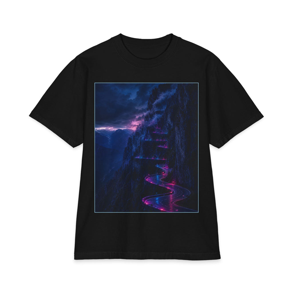 Ethereal Drift Graphic Tee — Neon Dreamscape Mountain Road