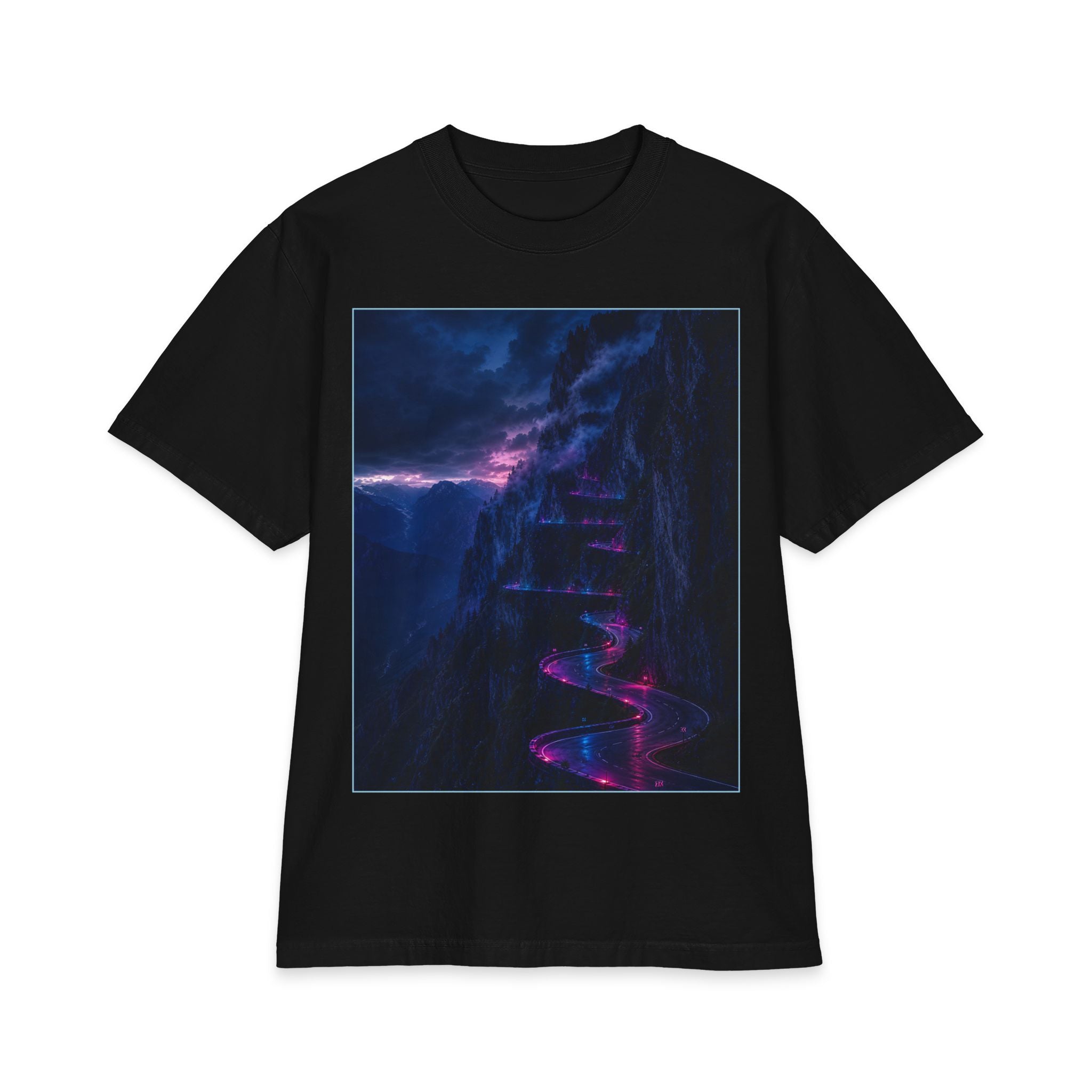 Ethereal Drift Graphic Tee — Neon Dreamscape Mountain Road