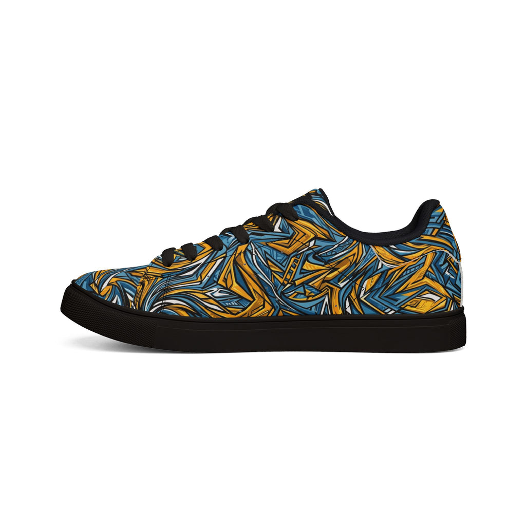 Men's Low-Top Leather Sneakers — Blue & Gold Swirl Painterly Trainers