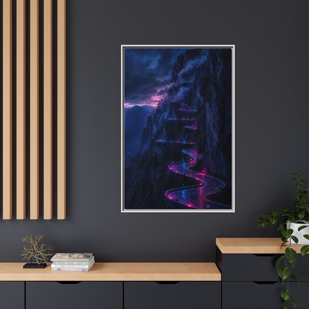 Neon Mountain Road Matte Canvas Print — Framed Nightscape Wall Art