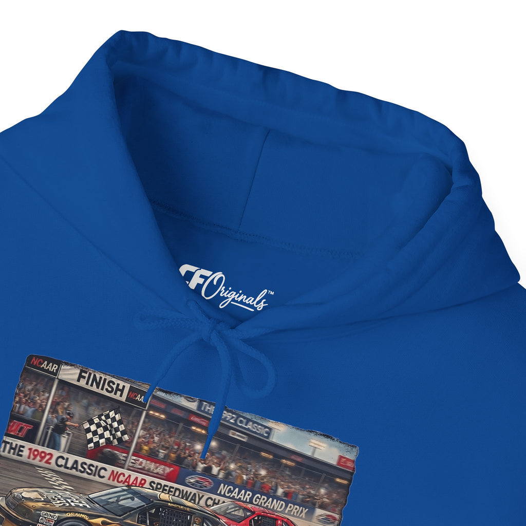 Racing Garage Hooded Sweatshirt — Vintage Racecar Track Scene