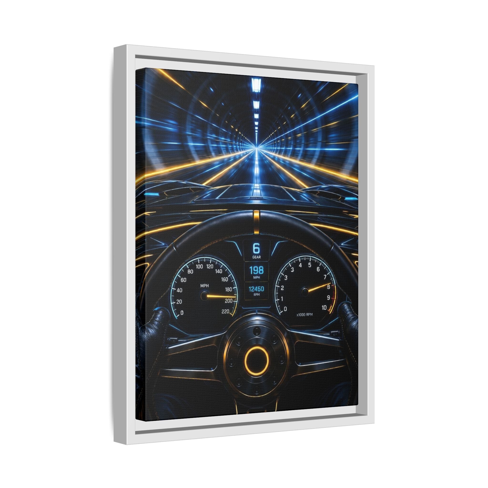 Tunnel Drive Framed Canvas Print — Retro Futuristic Car Dashboard Wall Art