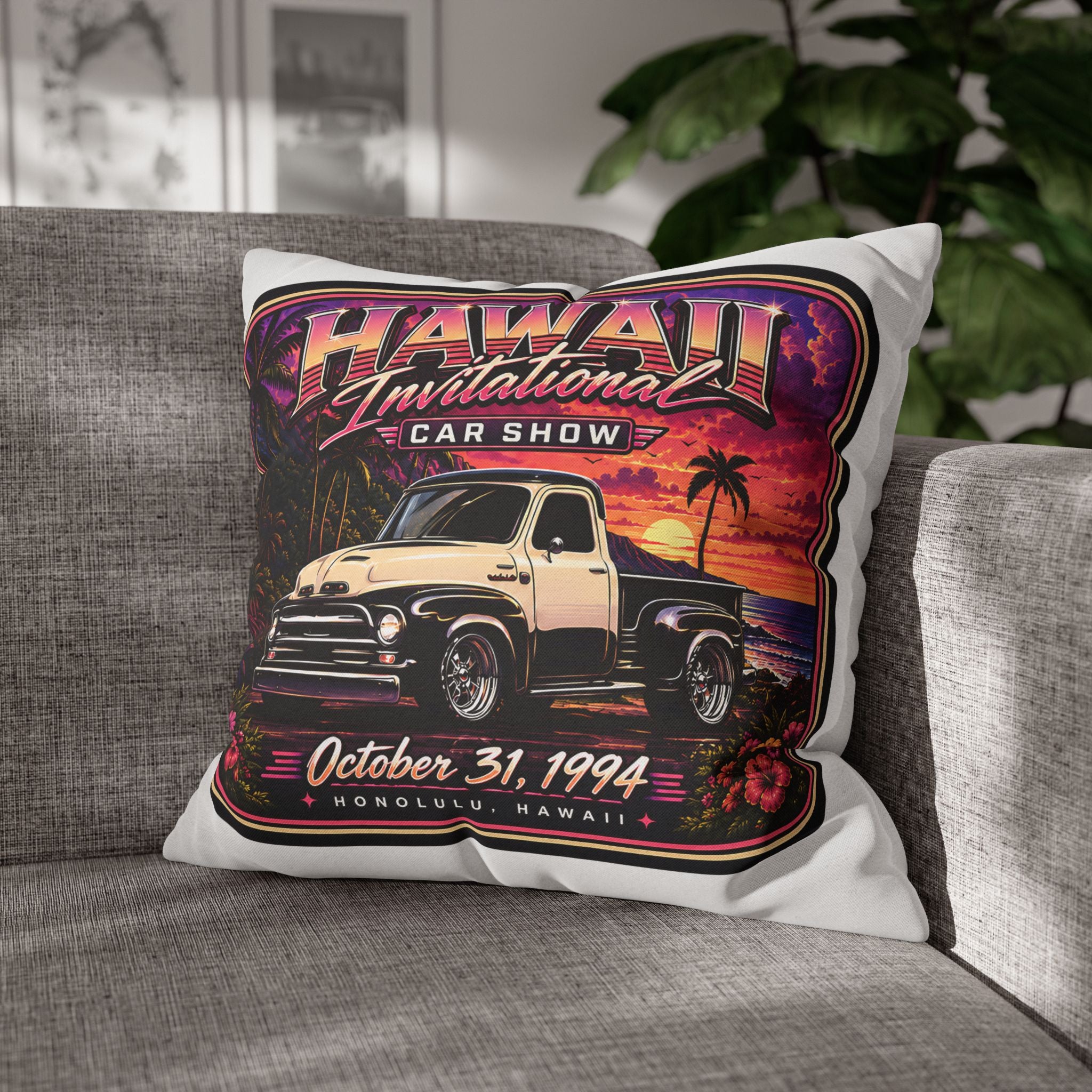 Hawaii Invitational Car Show Throw Pillow — Vintage Truck Sunset Design