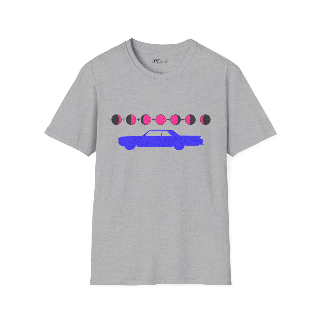 Retro Moon Phase Car T‑Shirt — Blue Classic Car with Pink Moon Phases