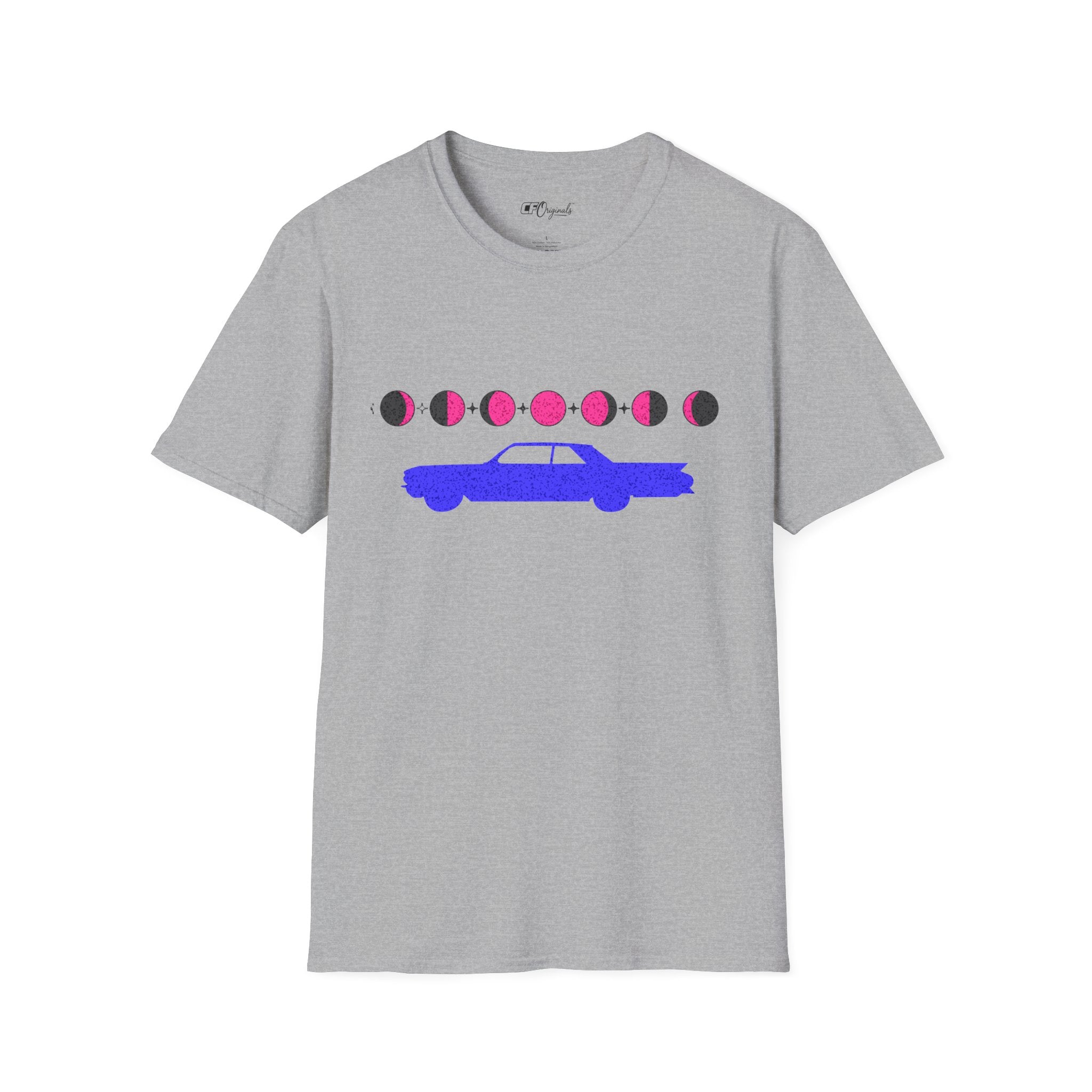 Retro Moon Phase Car T‑Shirt — Blue Classic Car with Pink Moon Phases