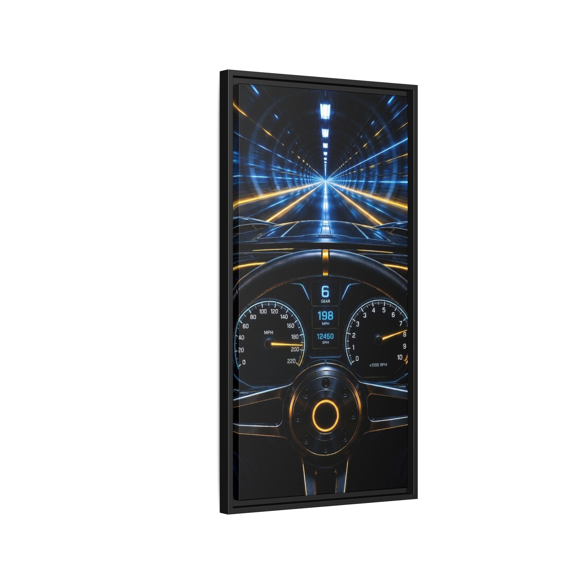 Tunnel Drive Framed Canvas Print — Retro Futuristic Car Dashboard Wall Art