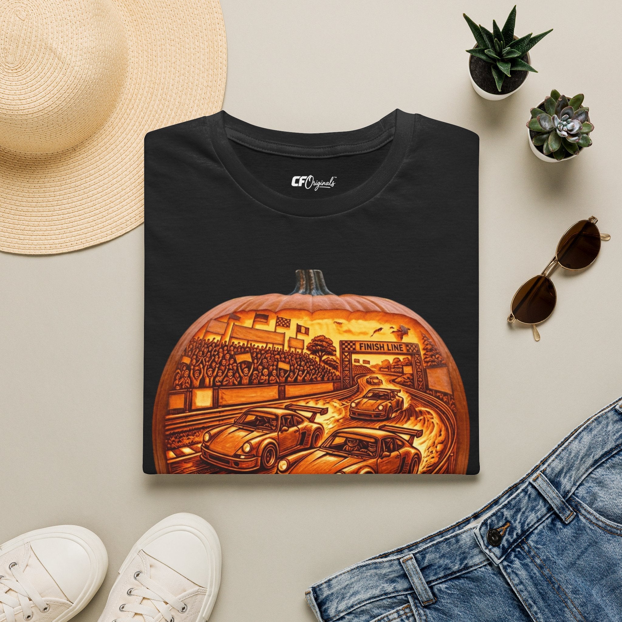 Vintage Racing Pumpkin T-Shirt — Retro Car Grand Prix Halloween Tee