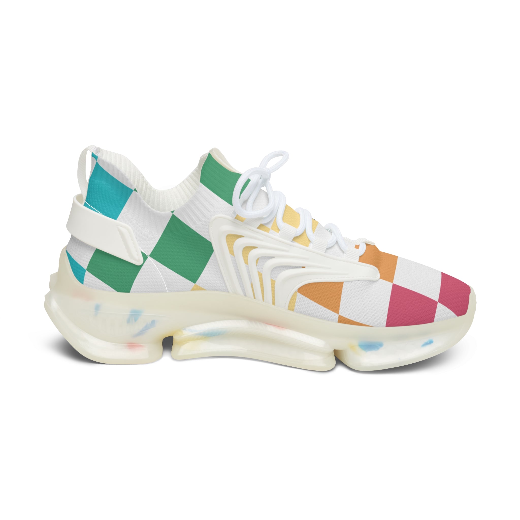 Checkerboard Racing Mesh Sneakers — Women's Colorblock Athletic Shoes
