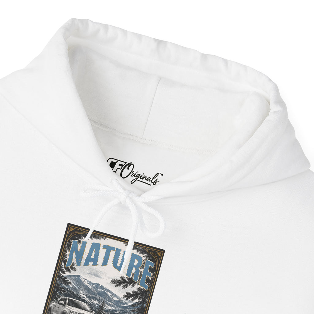 Nature Is Calling Hoodie — Scenic Mountain Graphic Hooded Sweatshirt with Sleeve Paisley Art