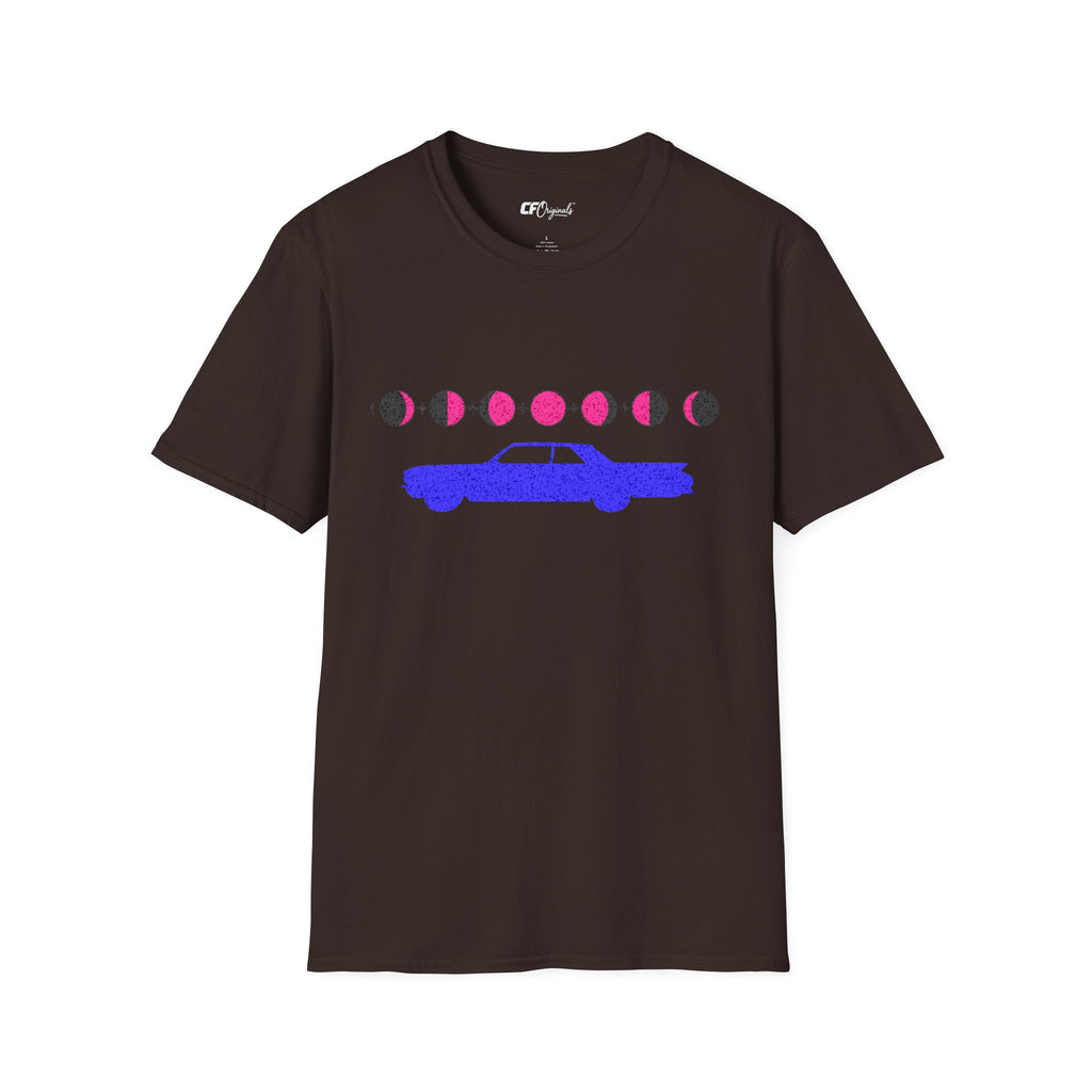 Retro Moon Phase Car T‑Shirt — Blue Classic Car with Pink Moon Phases