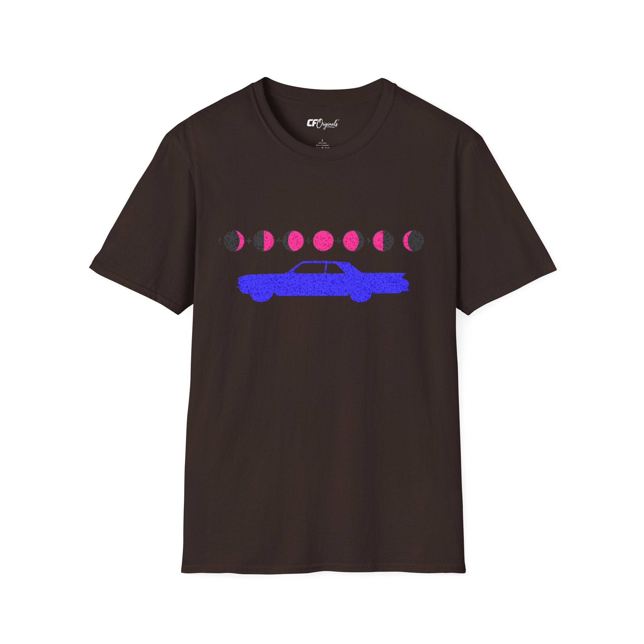 Retro Moon Phase Car T‑Shirt — Blue Classic Car with Pink Moon Phases