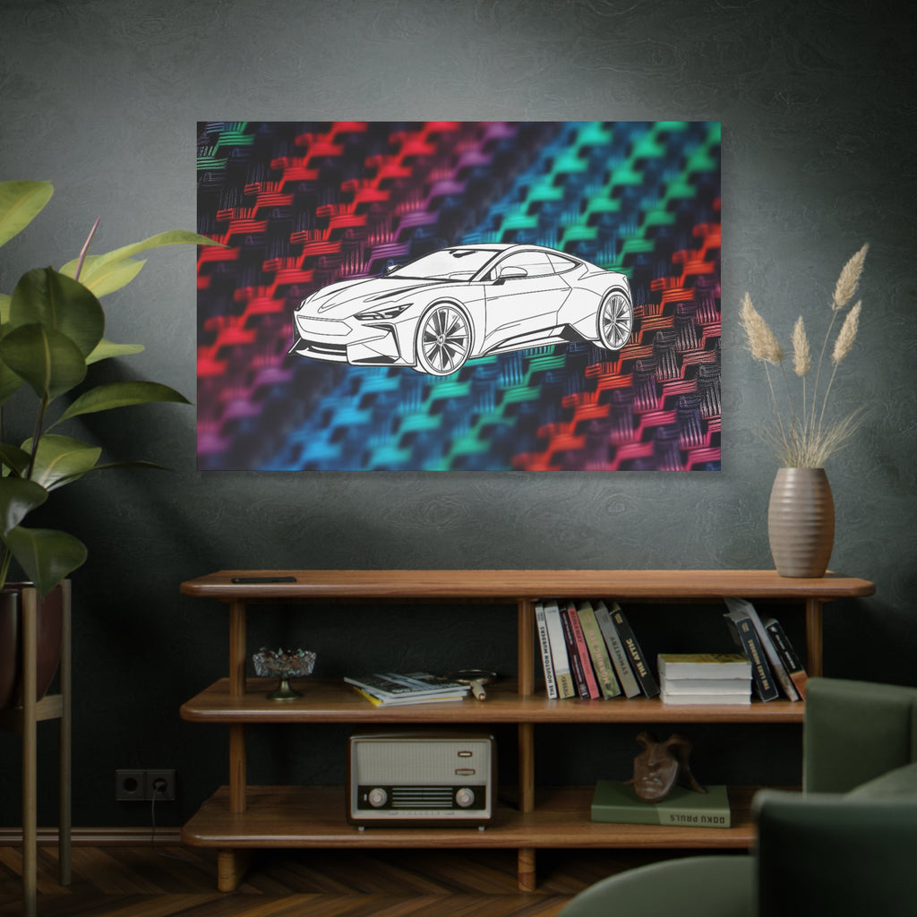 Modern Sports Car Canvas Wall Art – White Line Drawing on Rainbow Carbon Fiber Background