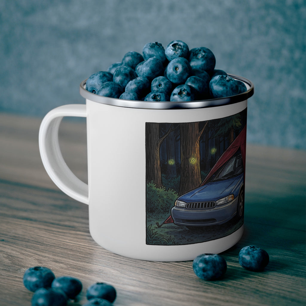Enamel Camping Mug — Funny Car Tent Camping Cartoon