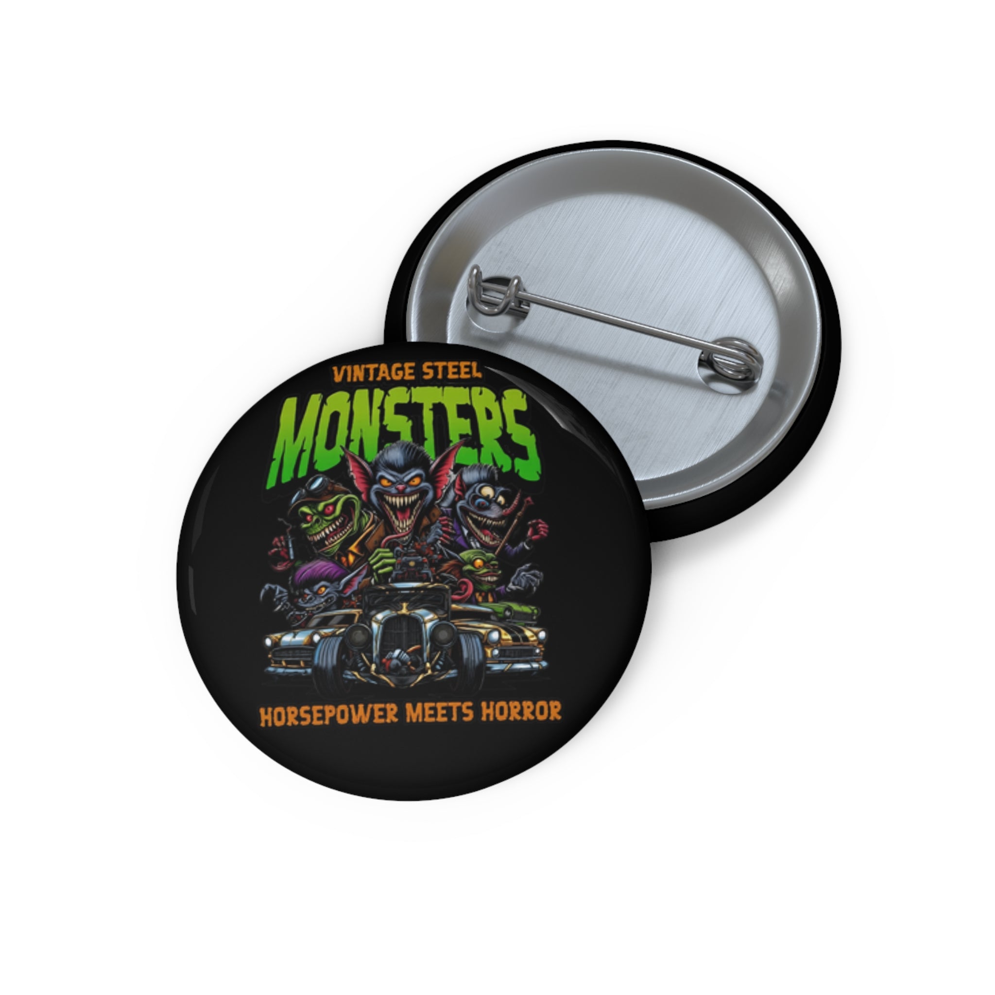 Monster Car Pin Button — “Vintage Steel Monsters: Horsepower Meets Horror”