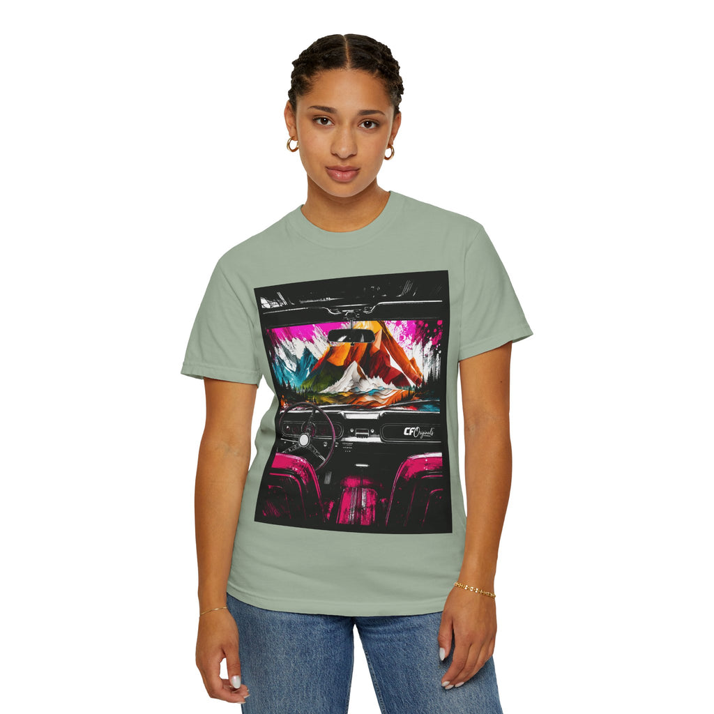CarFits.store Big Prints T-Shirt — Retro Engine & Scenic Drive