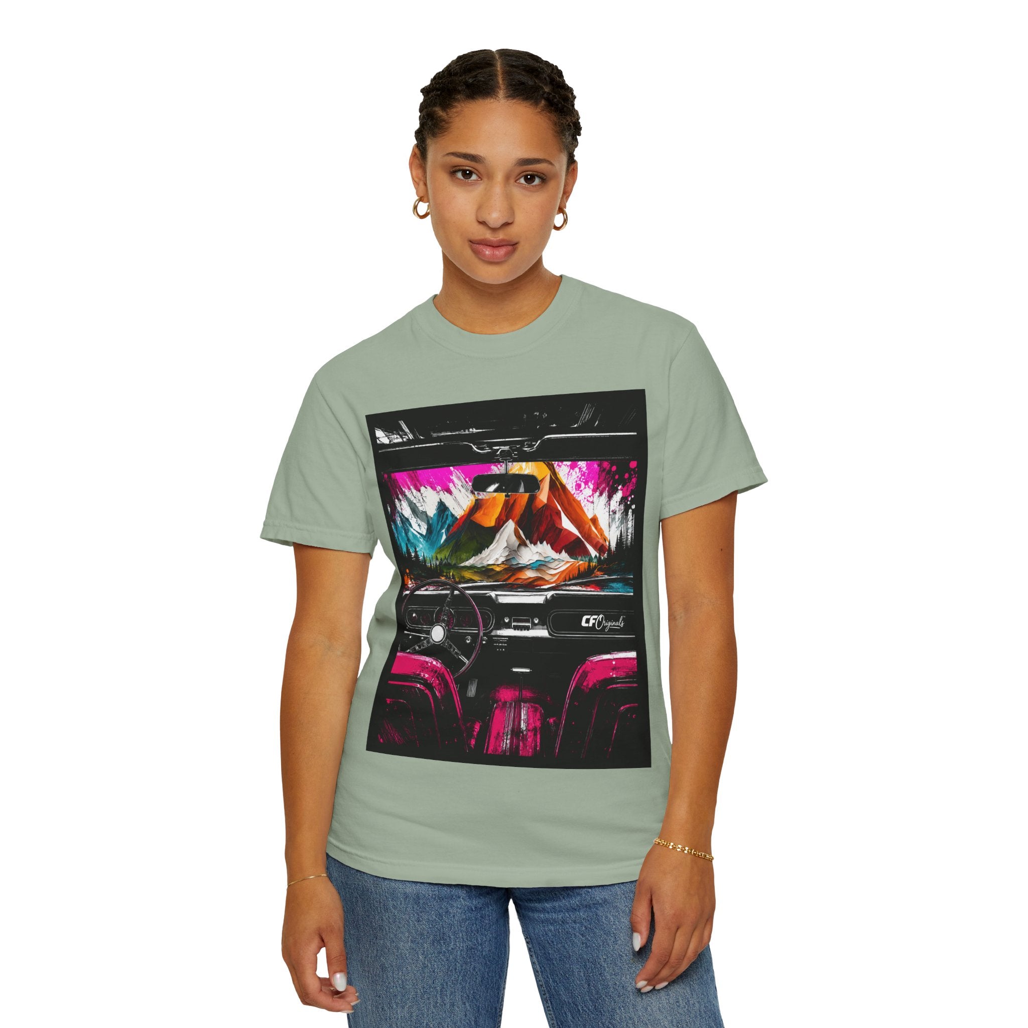 CarFits.store Big Prints T-Shirt — Retro Engine & Scenic Drive