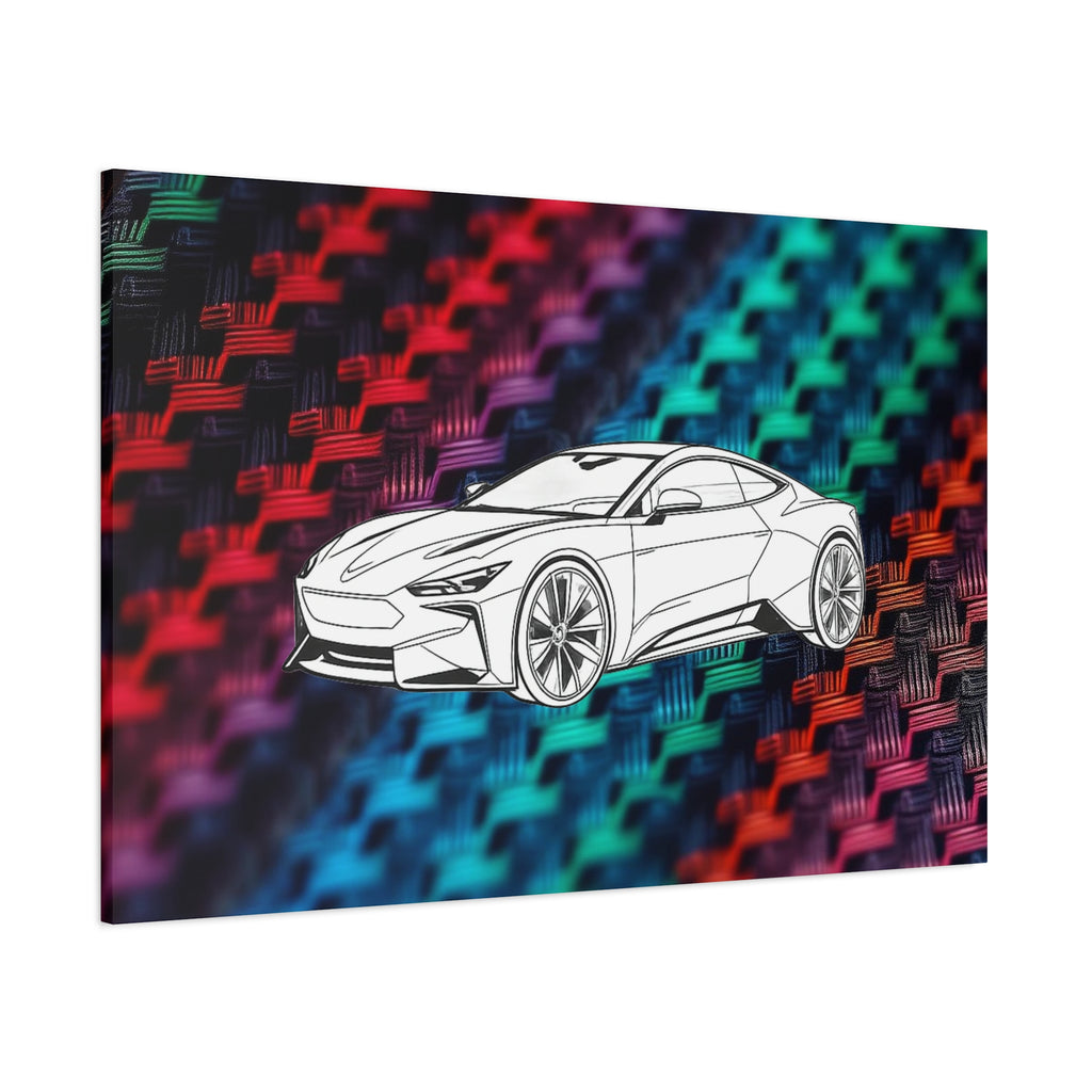 Modern Sports Car Canvas Wall Art – White Line Drawing on Rainbow Carbon Fiber Background
