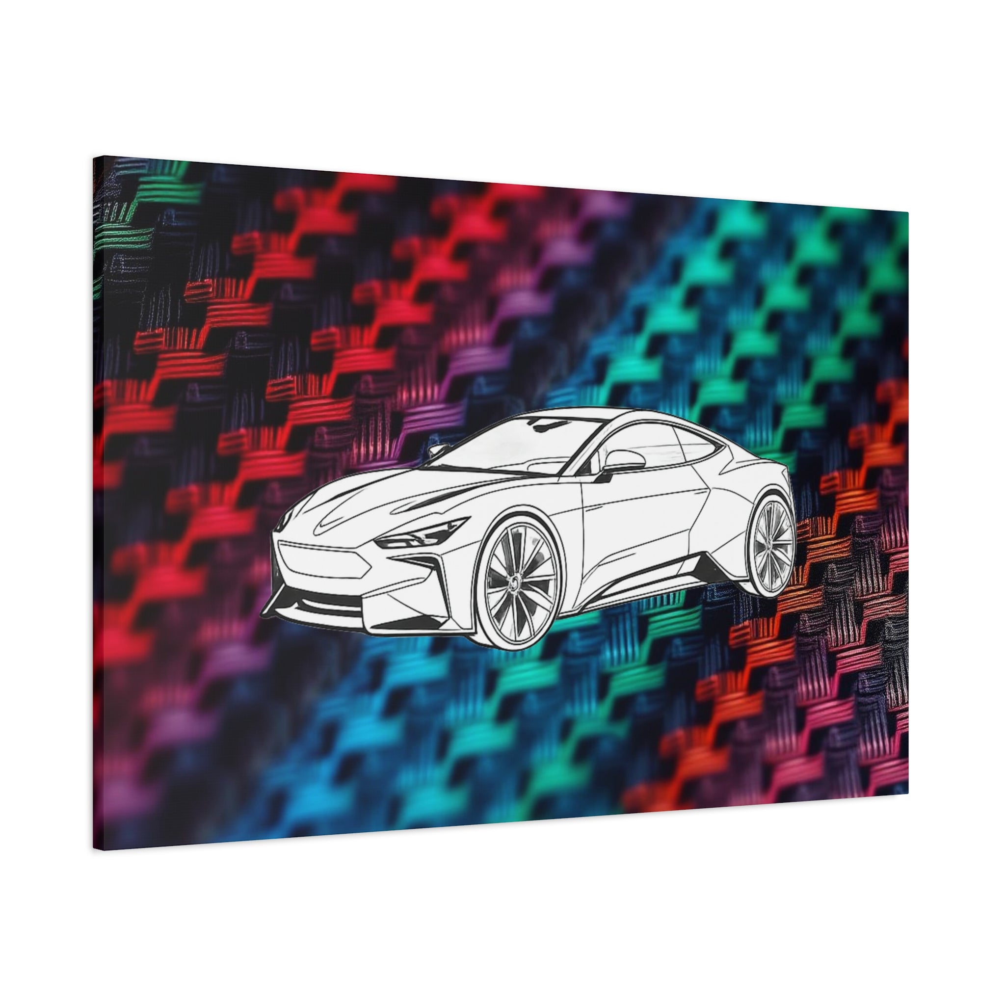 Modern Sports Car Canvas Wall Art – White Line Drawing on Rainbow Carbon Fiber Background