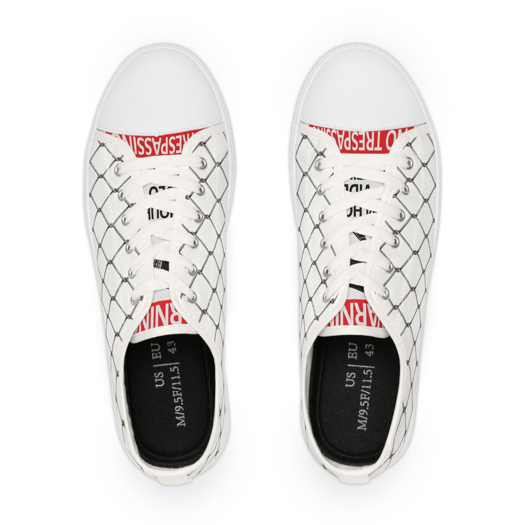 Men's Low Top Sneakers — White Canvas Chain-Link Pattern with 'Surveillance' Tongue