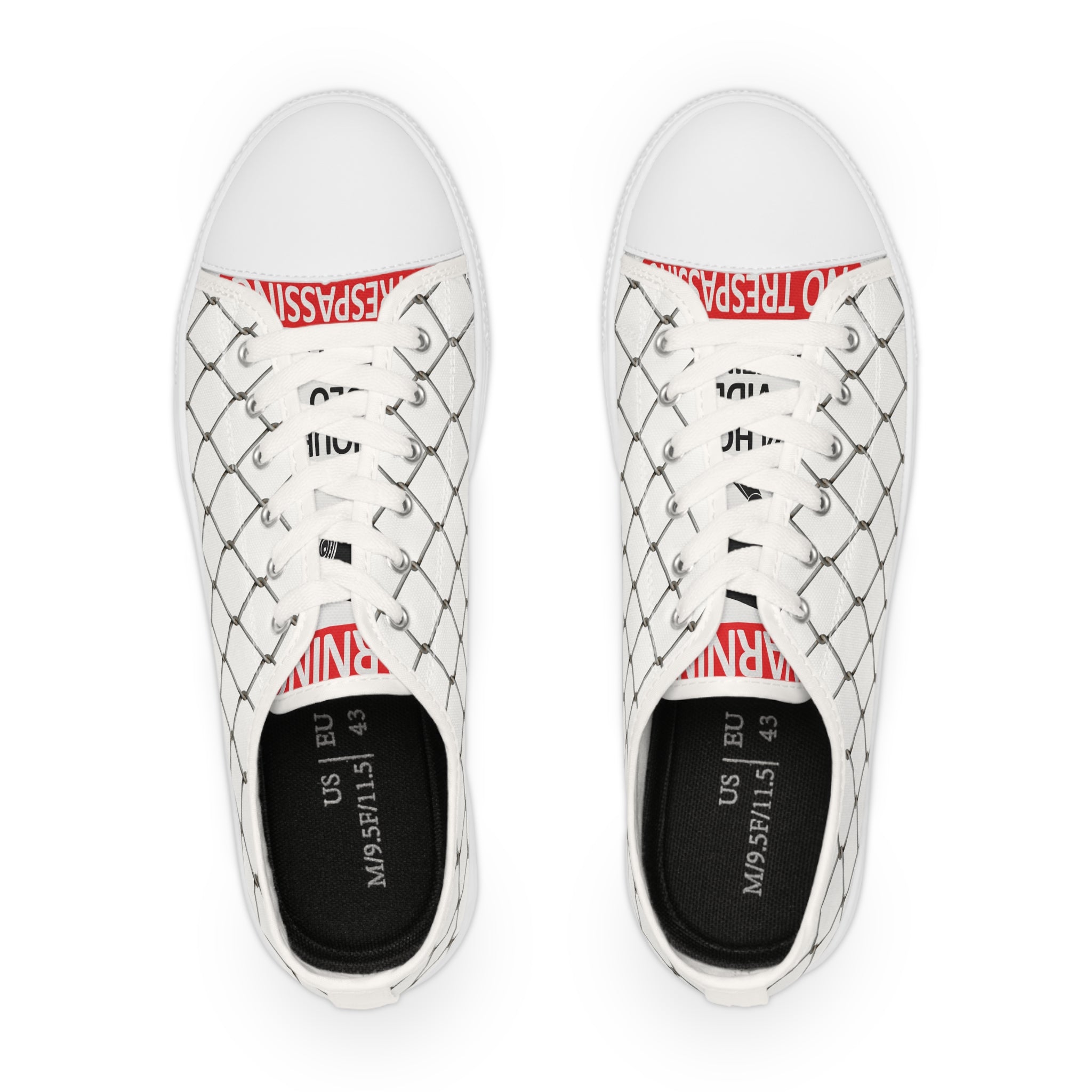 Men's Low Top Sneakers — White Canvas Chain-Link Pattern with 'Surveillance' Tongue