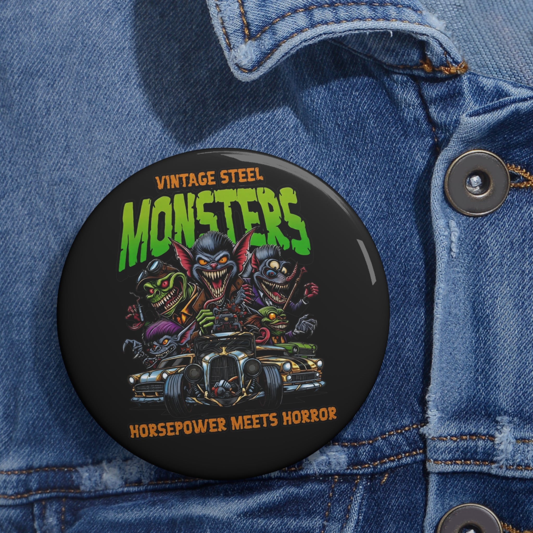 Monster Car Pin Button — “Vintage Steel Monsters: Horsepower Meets Horror”