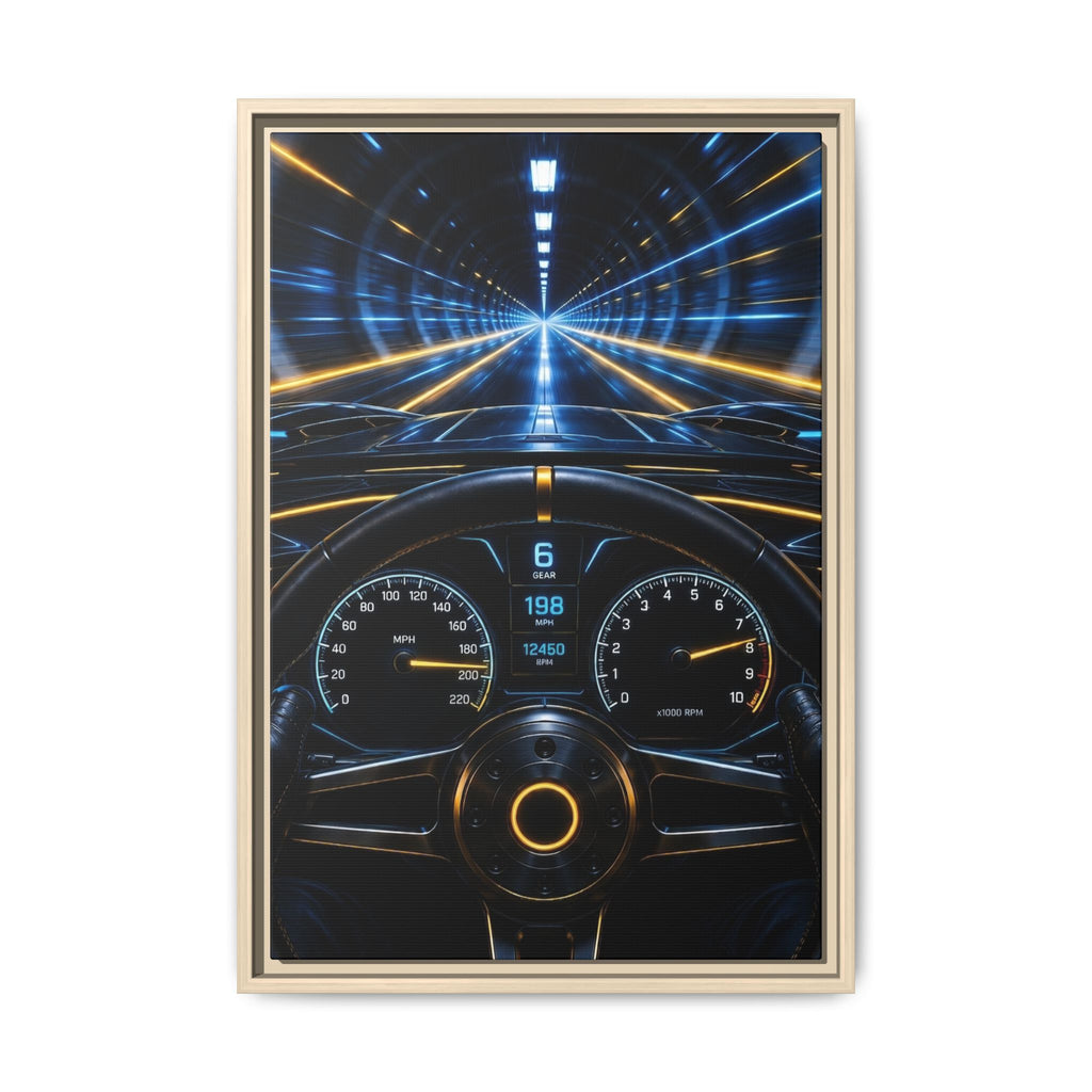 Tunnel Drive Framed Canvas Print — Retro Futuristic Car Dashboard Wall Art