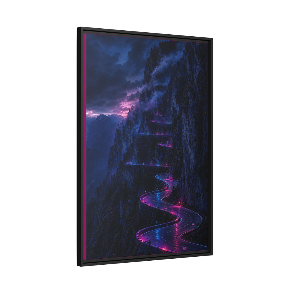 Neon Mountain Road Matte Canvas Print — Framed Nightscape Wall Art