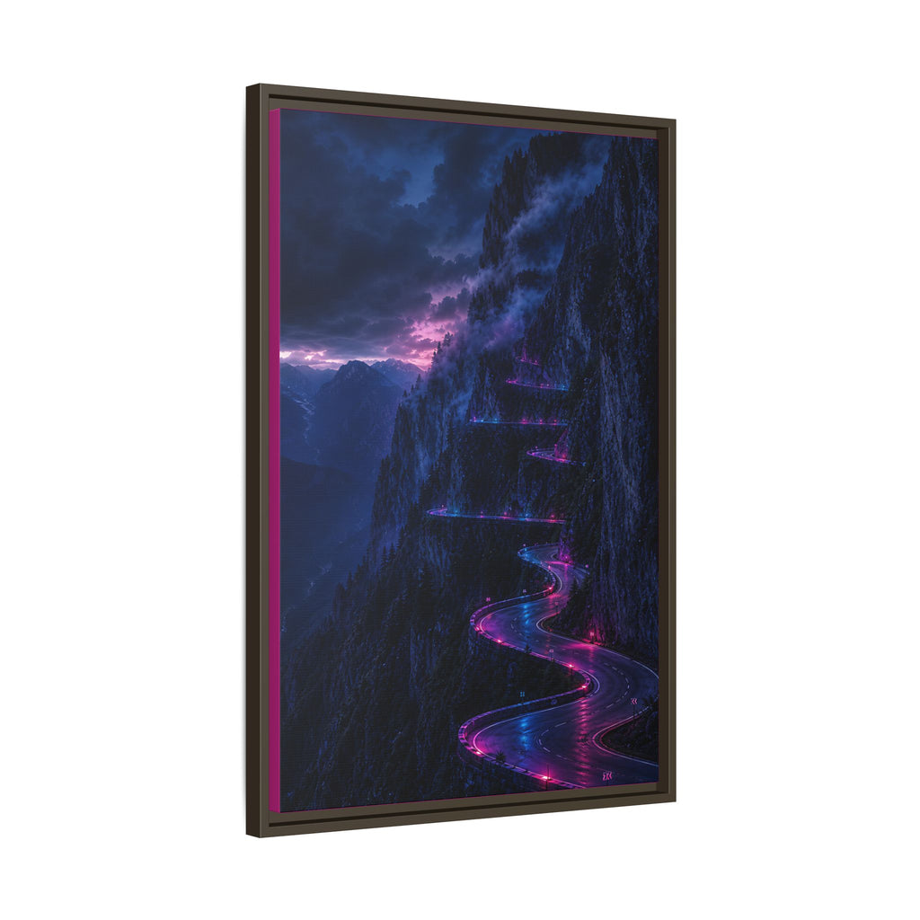 Neon Mountain Road Matte Canvas Print — Framed Nightscape Wall Art