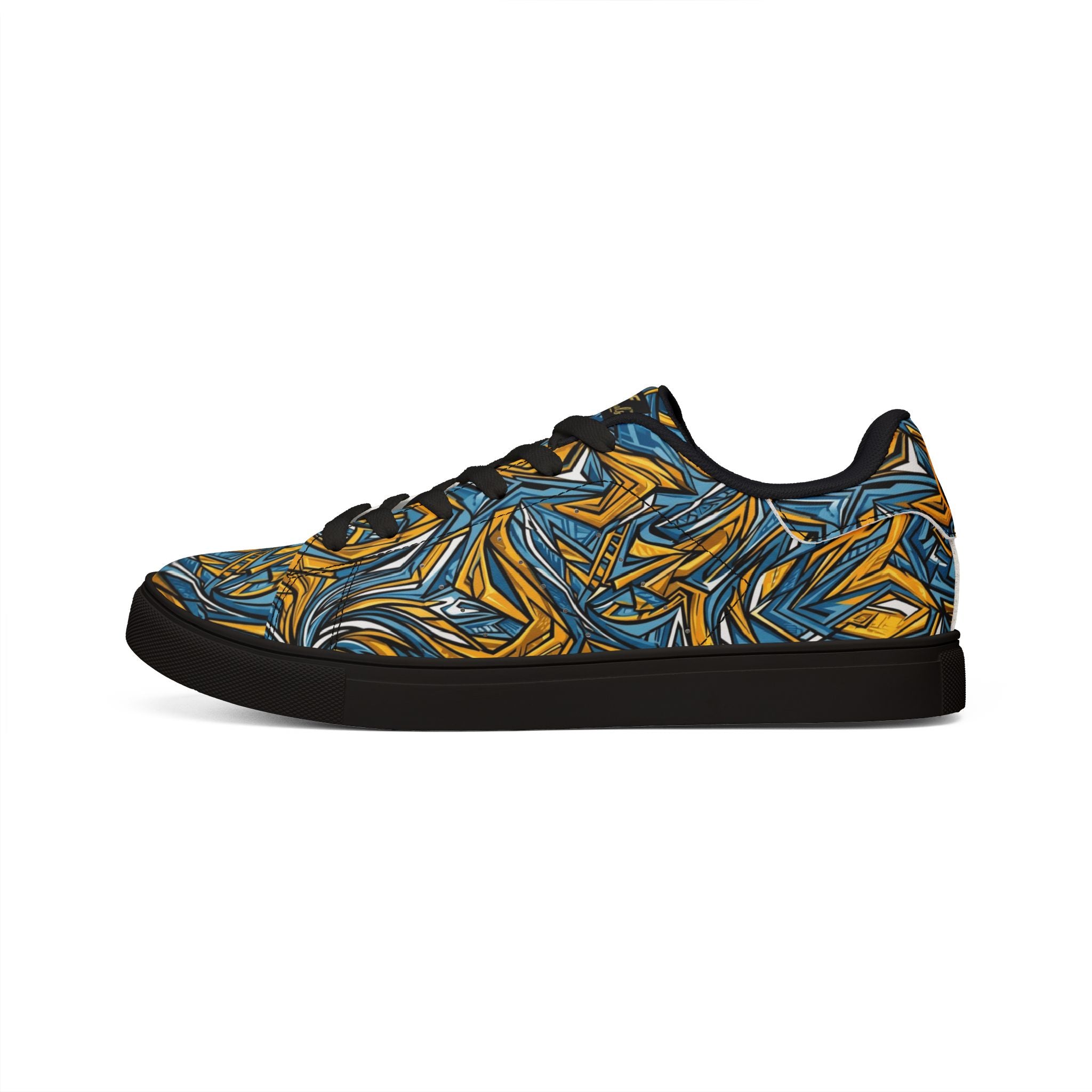 Men's Low-Top Leather Sneakers — Blue & Gold Swirl Painterly Trainers